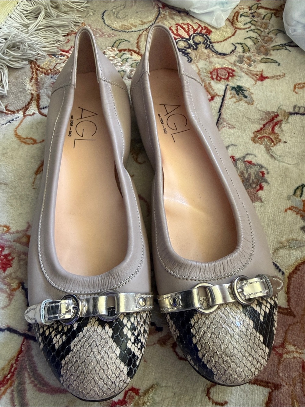AGL Taupe Leather Ballet Flats with Snake-Print Toe and Metallic Buckle